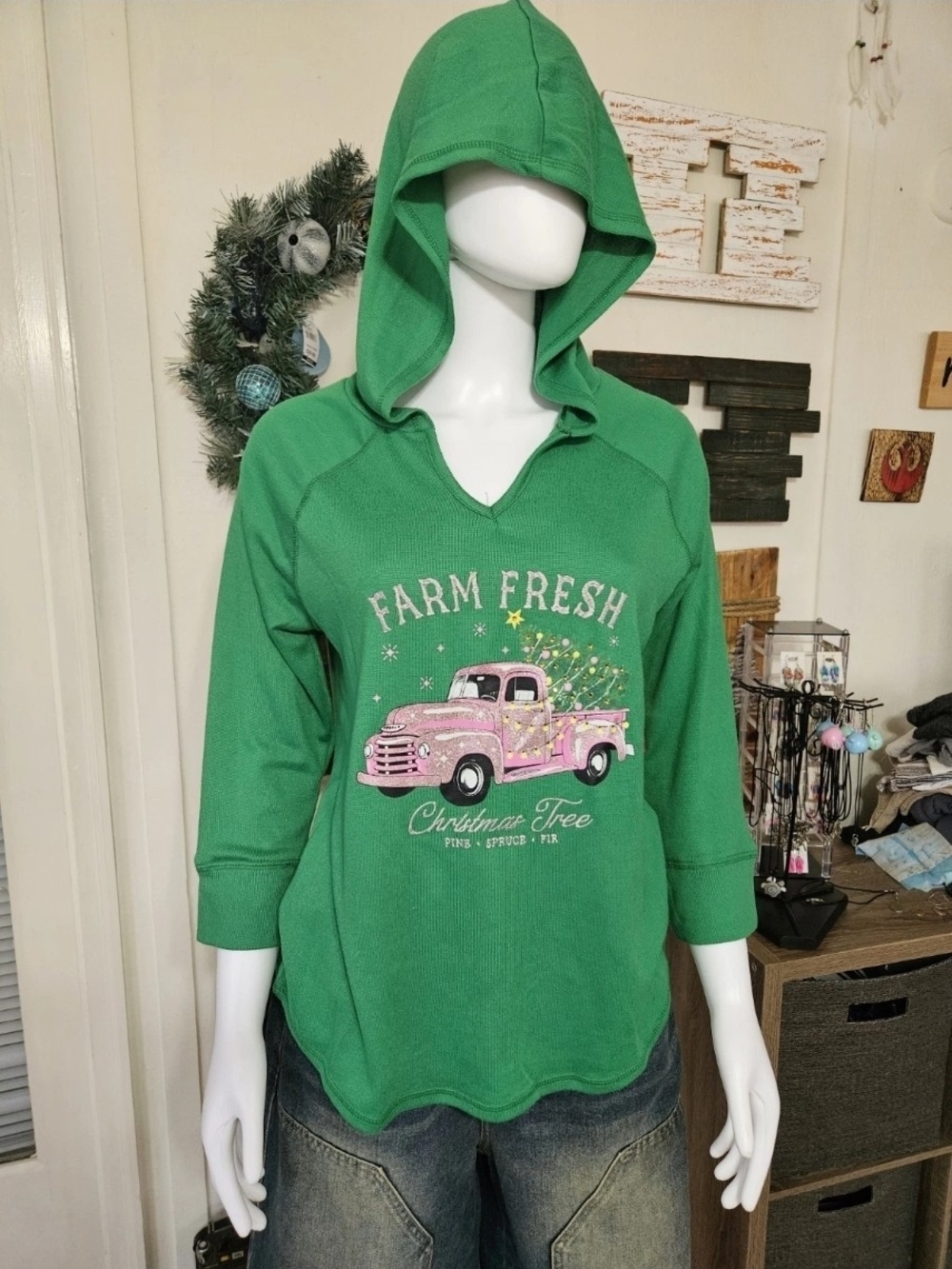 Women's Green 'Farm Fresh' Hooded Pullover with Pink Truck Graphic